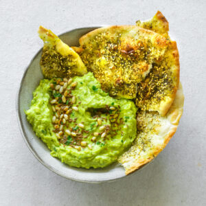 Avocado Cumin & Pine Nut Dip w Za’atar Flatbreads