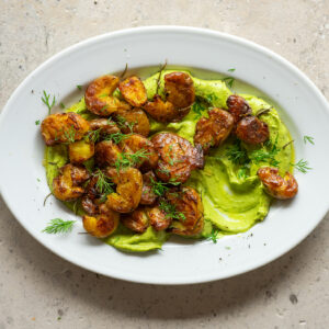 Crispy Smashed Potatoes W Dill Pickle & Avo Dip
